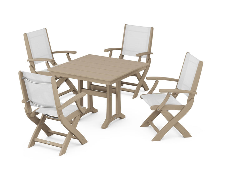 POLYWOOD® Coastal Folding Chair 5-Piece Farmhouse Dining Set With Trestle Legs