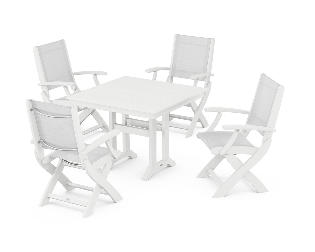 POLYWOOD® Coastal Folding Chair 5-Piece Farmhouse Dining Set With Trestle Legs