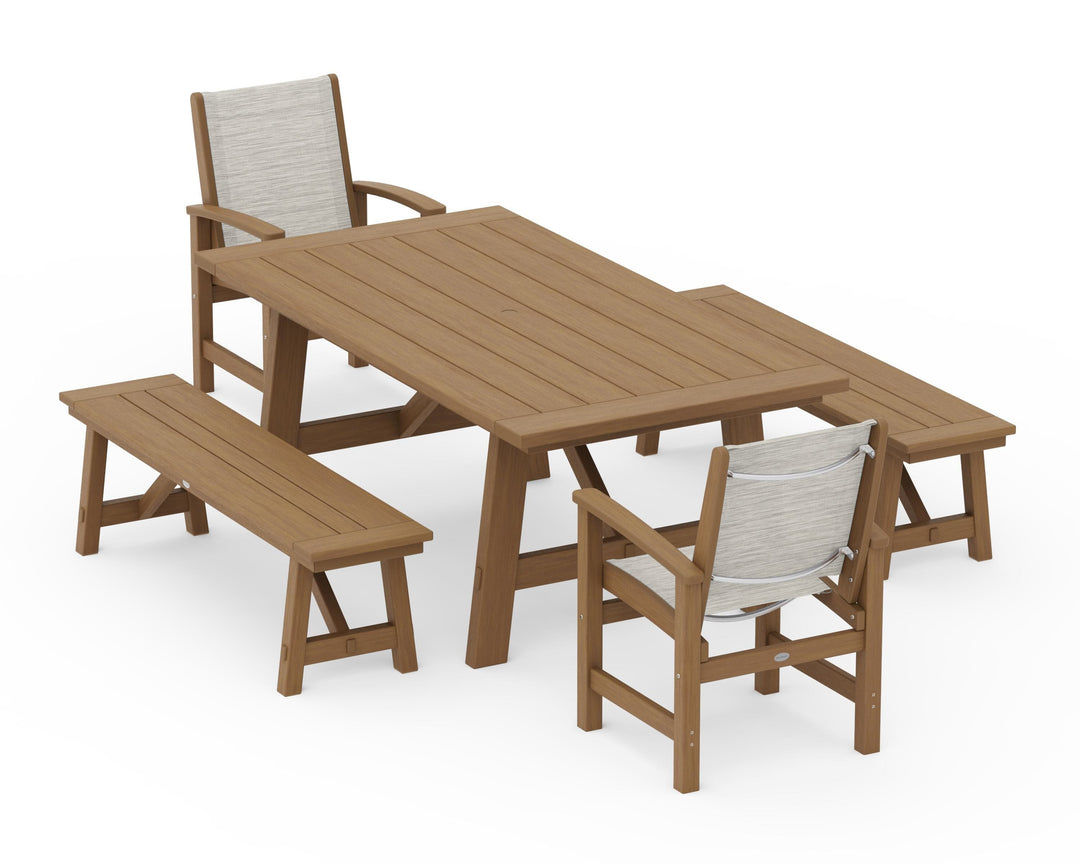 POLYWOOD® Coastal 5-Piece Rustic Farmhouse Dining Set With Benches