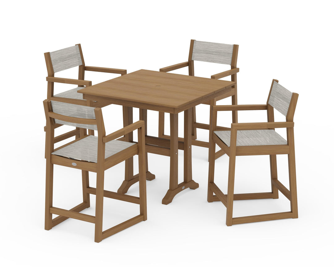 POLYWOOD® EDGE Sling Arm Chair 5-Piece Farmhouse Counter Set with Trestle Legs