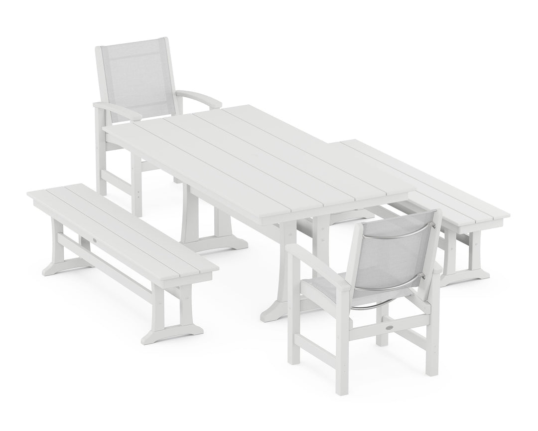 POLYWOOD® Coastal 5-Piece Farmhouse Dining Set with Trestle Legs and Benches