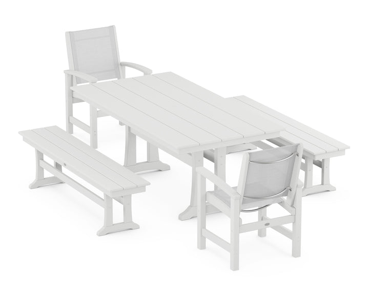 POLYWOOD® Coastal 5-Piece Farmhouse Dining Set with Trestle Legs and Benches
