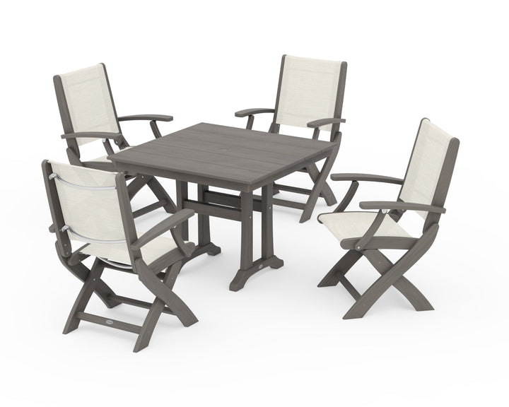 POLYWOOD® Coastal Folding Chair 5-Piece Farmhouse Dining Set With Trestle Legs