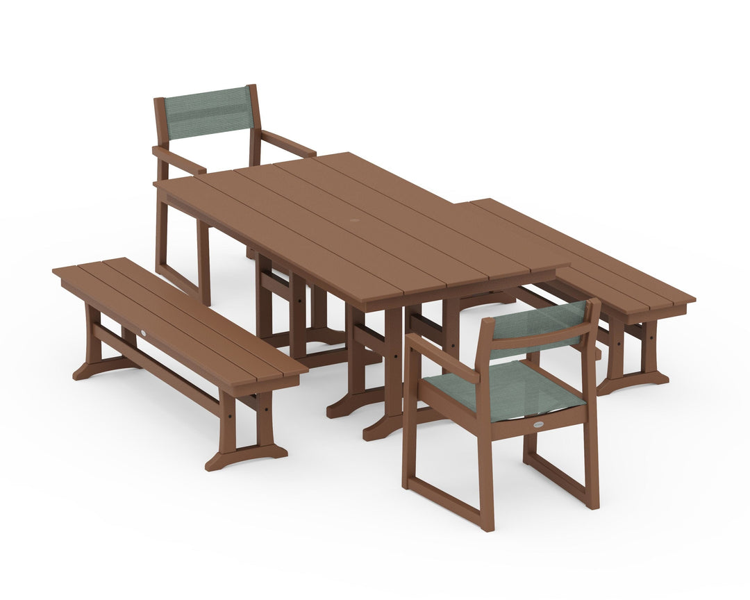 POLYWOOD® EDGE Sling Arm Chair 5-Piece Farmhouse Dining Set with Benches