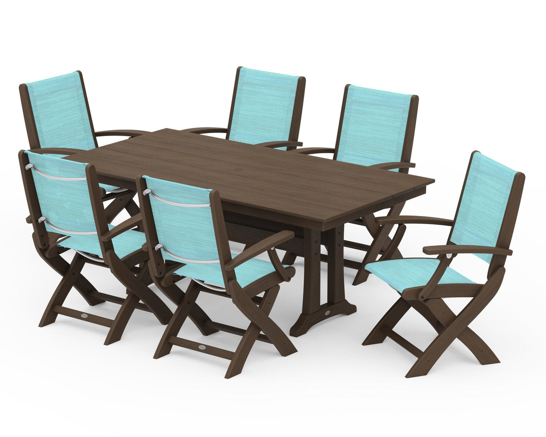 POLYWOOD® Coastal Folding Arm Chair 7-Piece Farmhouse Dining Set with Trestle Legs