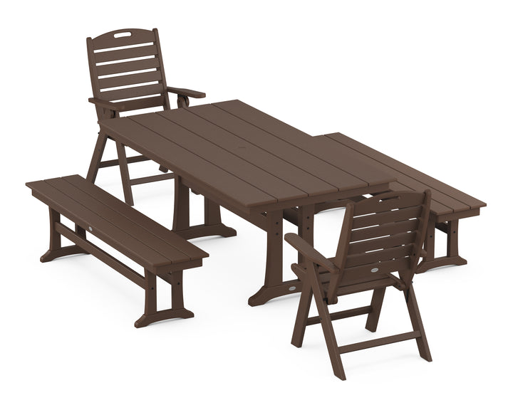 POLYWOOD® Nautical Folding Highback Chair 5-Piece Farmhouse Dining Set With Trestle Legs and Benches