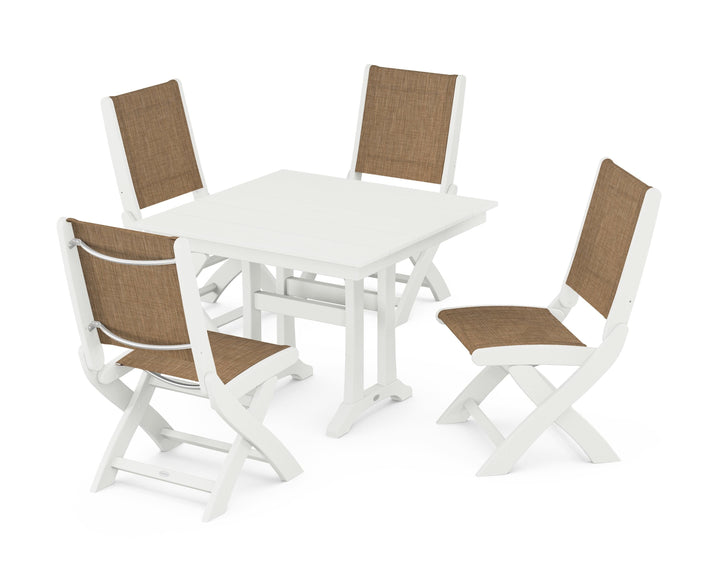 POLYWOOD® Coastal Folding Side Chair 5-Piece Farmhouse Dining Set With Trestle Legs