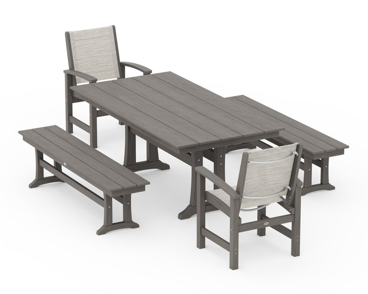 POLYWOOD® Coastal 5-Piece Farmhouse Dining Set with Trestle Legs and Benches