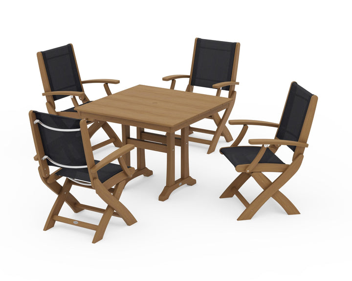 POLYWOOD® Coastal Folding Chair 5-Piece Farmhouse Dining Set With Trestle Legs