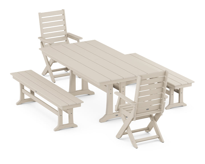 POLYWOOD® Captain Folding Chair 5-Piece Farmhouse Dining Set With Trestle Legs