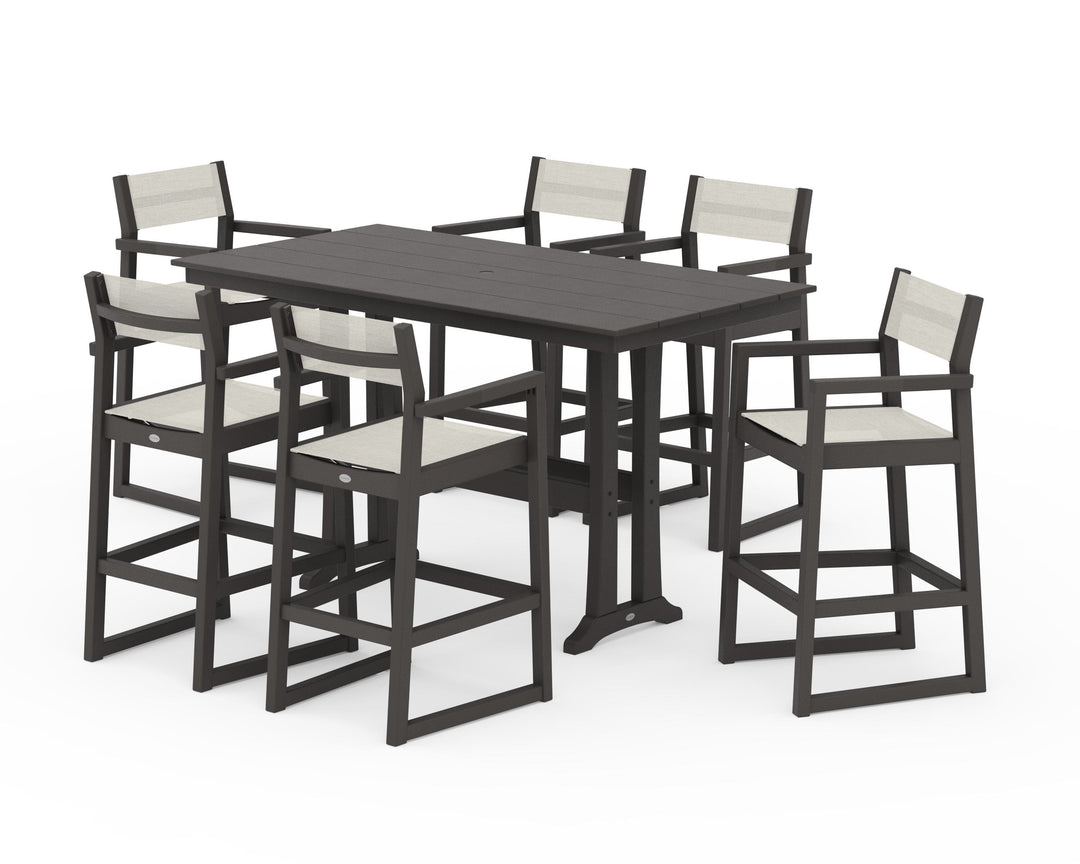 POLYWOOD® EDGE Sling Arm Chair 7-Piece Farmhouse Bar Set with Trestle Legs