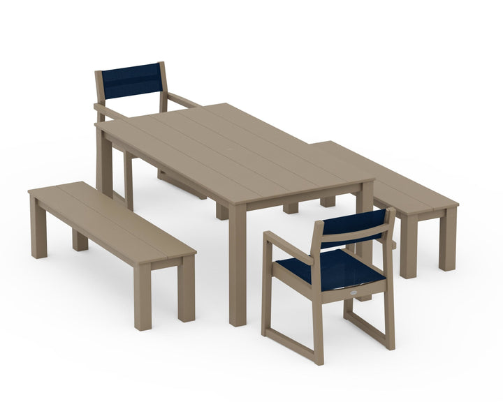 POLYWOOD® EDGE Sling Arm Chair 5-Piece Parsons Dining Set with Benches