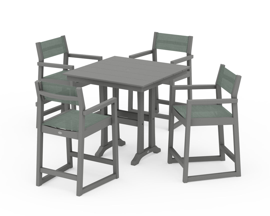 POLYWOOD® EDGE Sling Arm Chair 5-Piece Farmhouse Counter Set with Trestle Legs