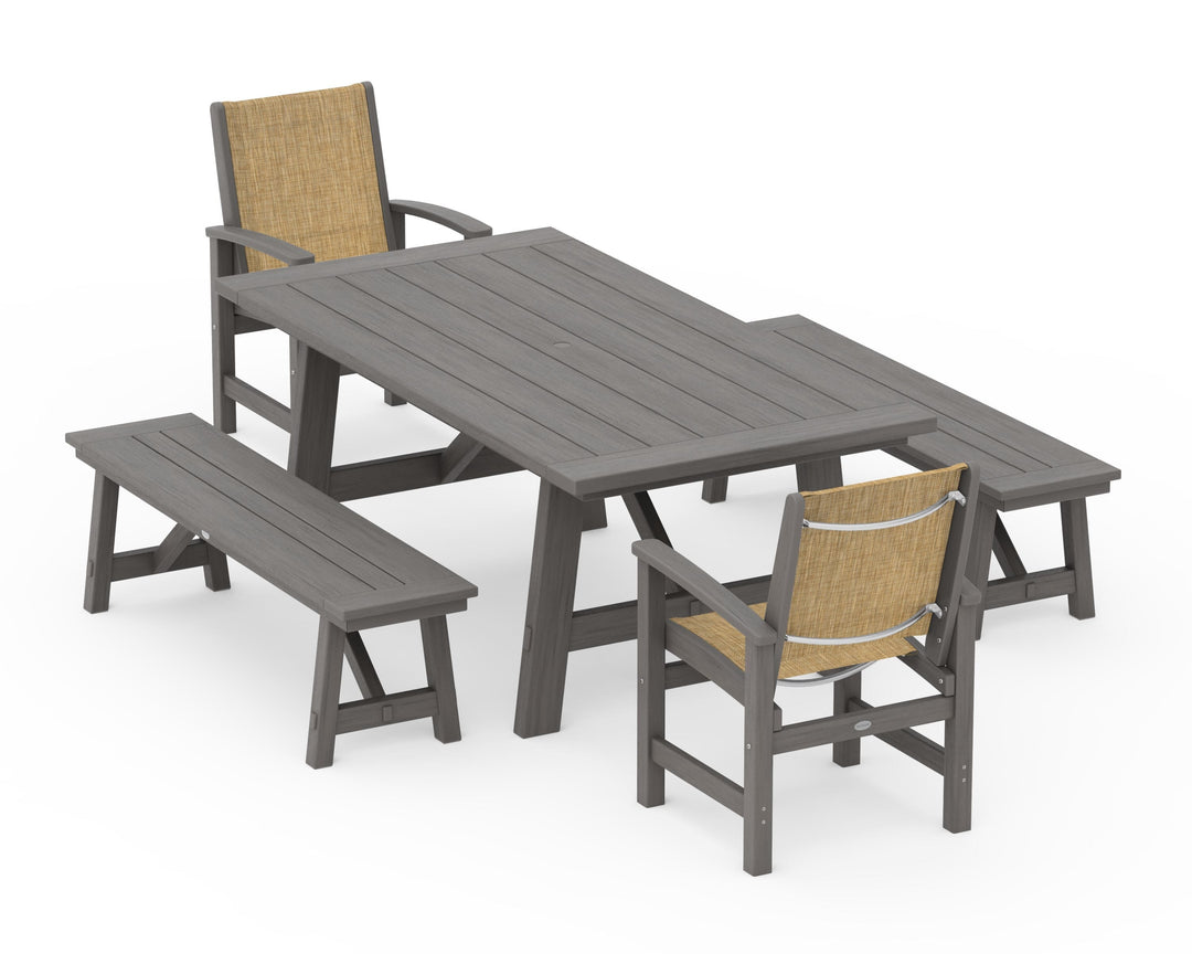 POLYWOOD® Coastal 5-Piece Rustic Farmhouse Dining Set With Benches