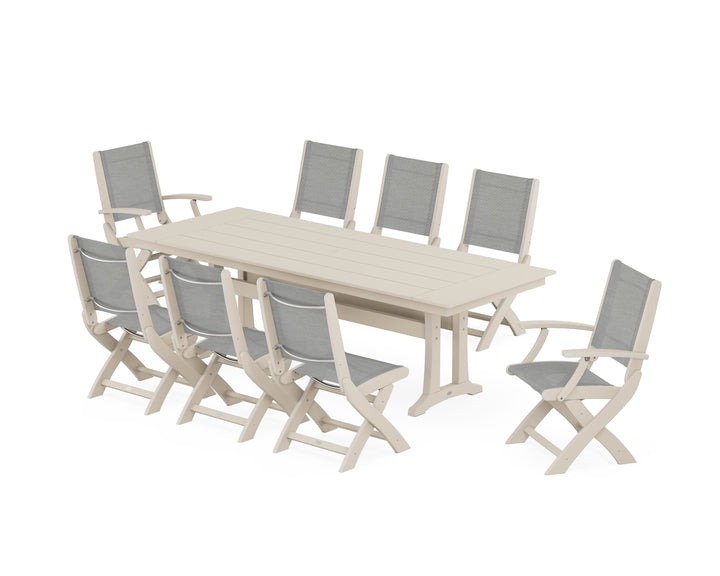 POLYWOOD® Coastal 9-Piece Folding Dining Chair Farmhouse Dining Set with Trestle Legs