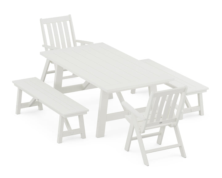 POLYWOOD® Vineyard Folding Chair 5-Piece Rustic Farmhouse Dining Set With Benches