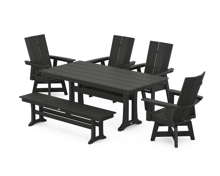 POLYWOOD® Modern Curveback Adirondack Swivel Chair 6-Piece Farmhouse Dining Set With Trestle Legs and Bench