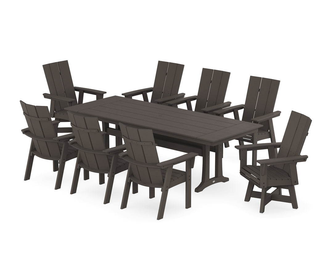 POLYWOOD® Modern Curveback Adirondack Swivel 9-Piece Farmhouse Dining Set with Trestle Legs