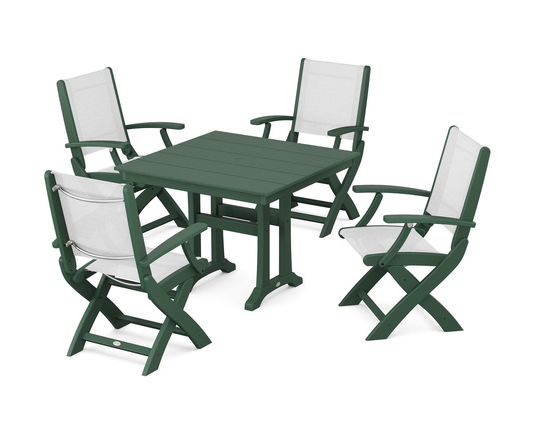 POLYWOOD® Coastal Folding Chair 5-Piece Farmhouse Dining Set With Trestle Legs