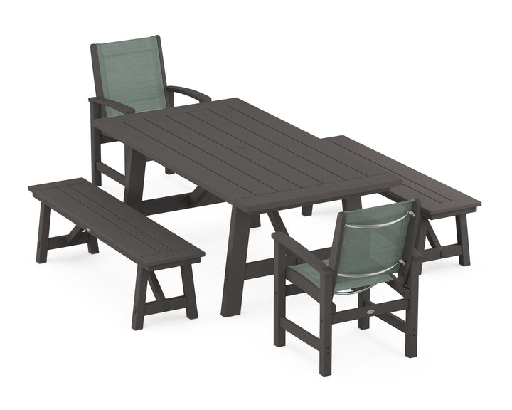 POLYWOOD® Coastal 5-Piece Rustic Farmhouse Dining Set With Benches