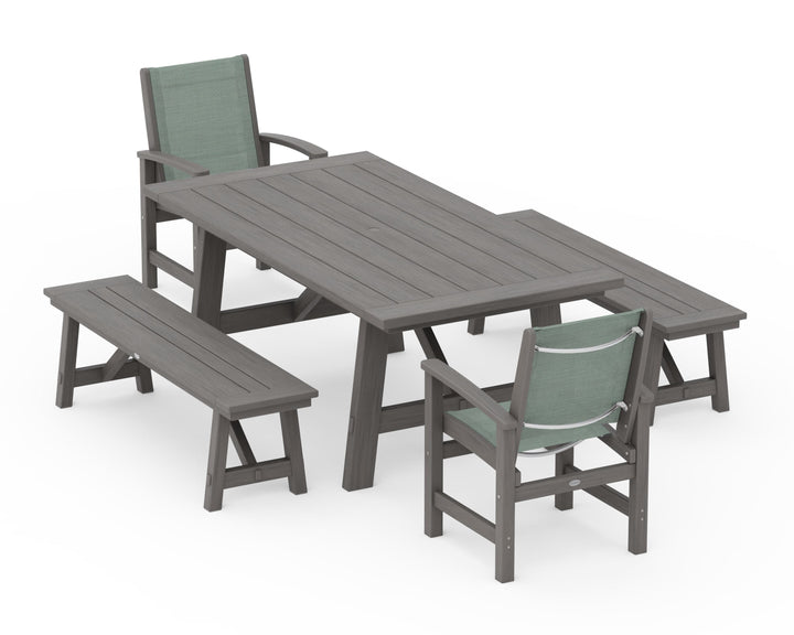 POLYWOOD® Coastal 5-Piece Rustic Farmhouse Dining Set With Benches