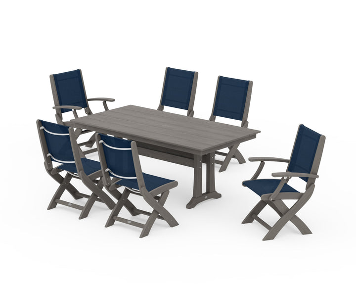 POLYWOOD® Coastal Folding Chair 7-Piece Farmhouse Dining Set with Trestle Legs