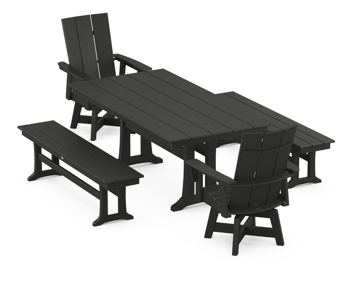 POLYWOOD® Modern Curveback Adirondack Swivel Chair 5-Piece Farmhouse Dining Set With Trestle Legs and Benches