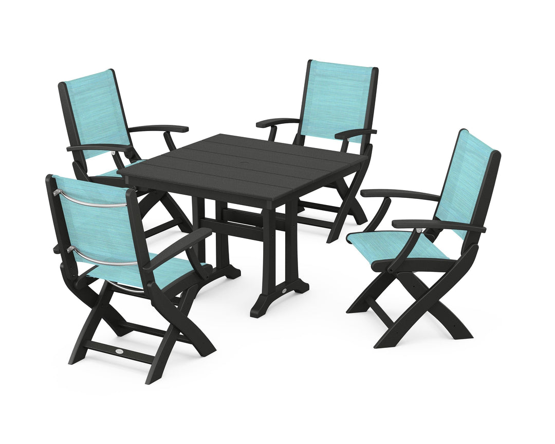 POLYWOOD® Coastal Folding Chair 5-Piece Farmhouse Dining Set With Trestle Legs