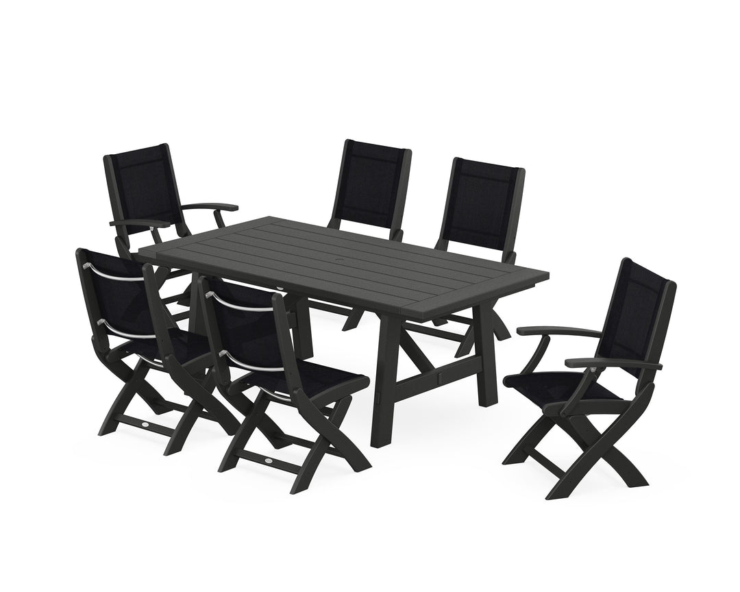 POLYWOOD® Coastal Folding Chair 7-Piece Rustic Farmhouse Dining Set