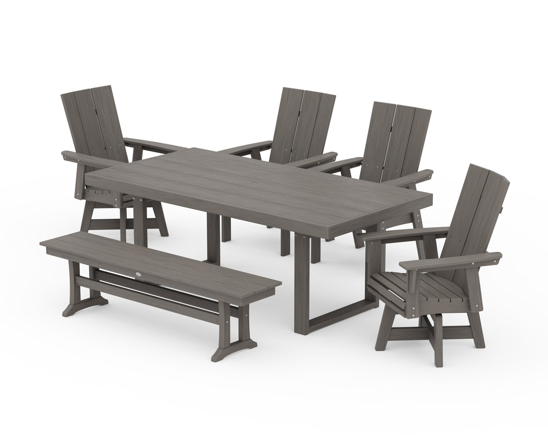 POLYWOOD® Modern Curveback Adirondack Swivel Chair 6-Piece Dining Set with Bench