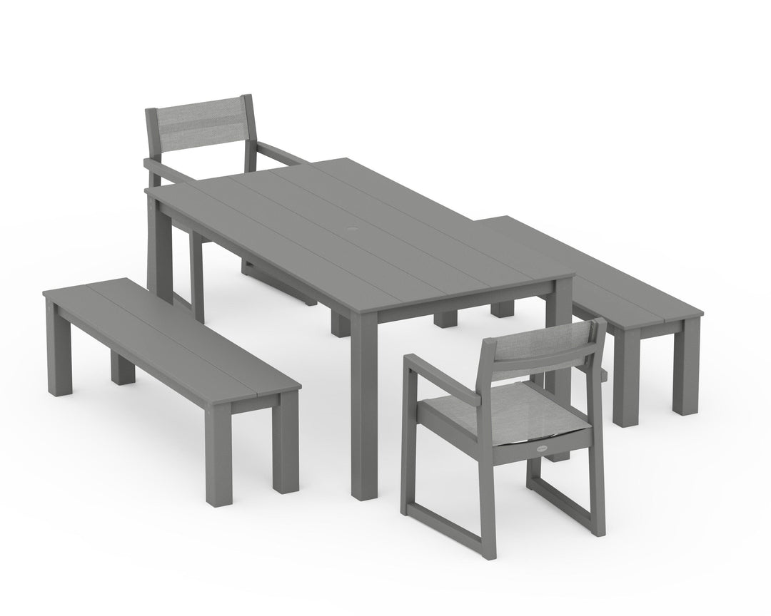 POLYWOOD® EDGE Sling Arm Chair 5-Piece Parsons Dining Set with Benches