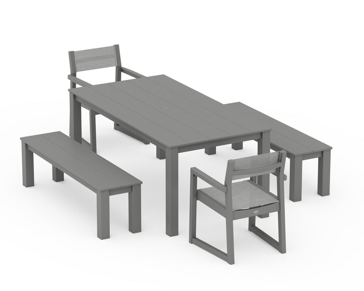 POLYWOOD® EDGE Sling Arm Chair 5-Piece Parsons Dining Set with Benches