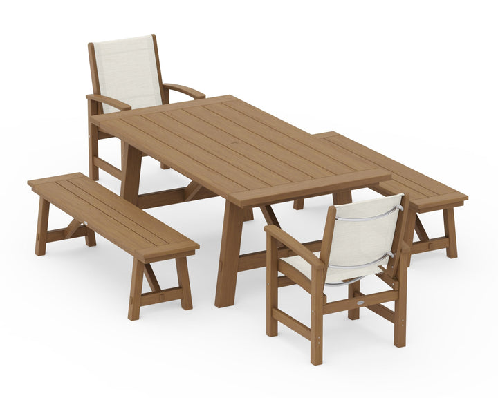 POLYWOOD® Coastal 5-Piece Rustic Farmhouse Dining Set With Benches