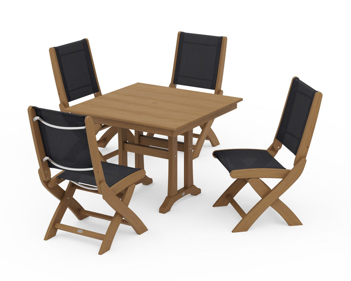 POLYWOOD® Coastal Folding Side Chair 5-Piece Farmhouse Dining Set With Trestle Legs