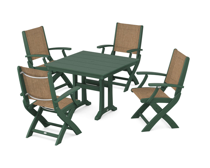 POLYWOOD® Coastal Folding Chair 5-Piece Farmhouse Dining Set With Trestle Legs