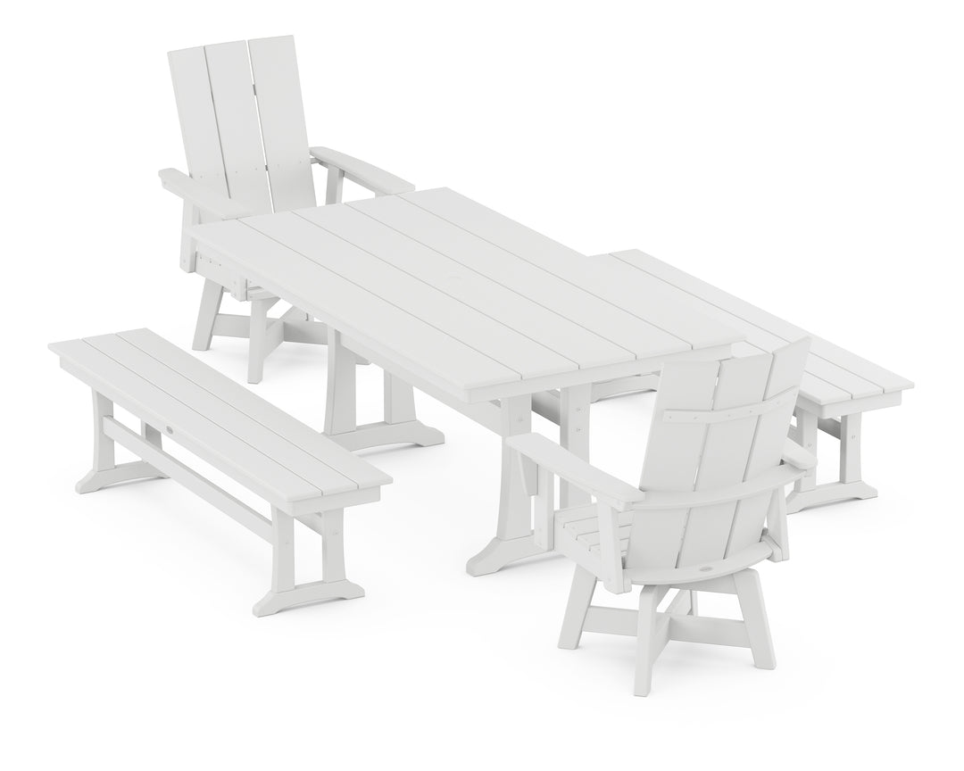 POLYWOOD® Modern Curveback Adirondack Swivel Chair 5-Piece Farmhouse Dining Set With Trestle Legs and Benches
