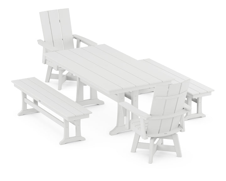 POLYWOOD® Modern Curveback Adirondack Swivel Chair 5-Piece Farmhouse Dining Set With Trestle Legs and Benches