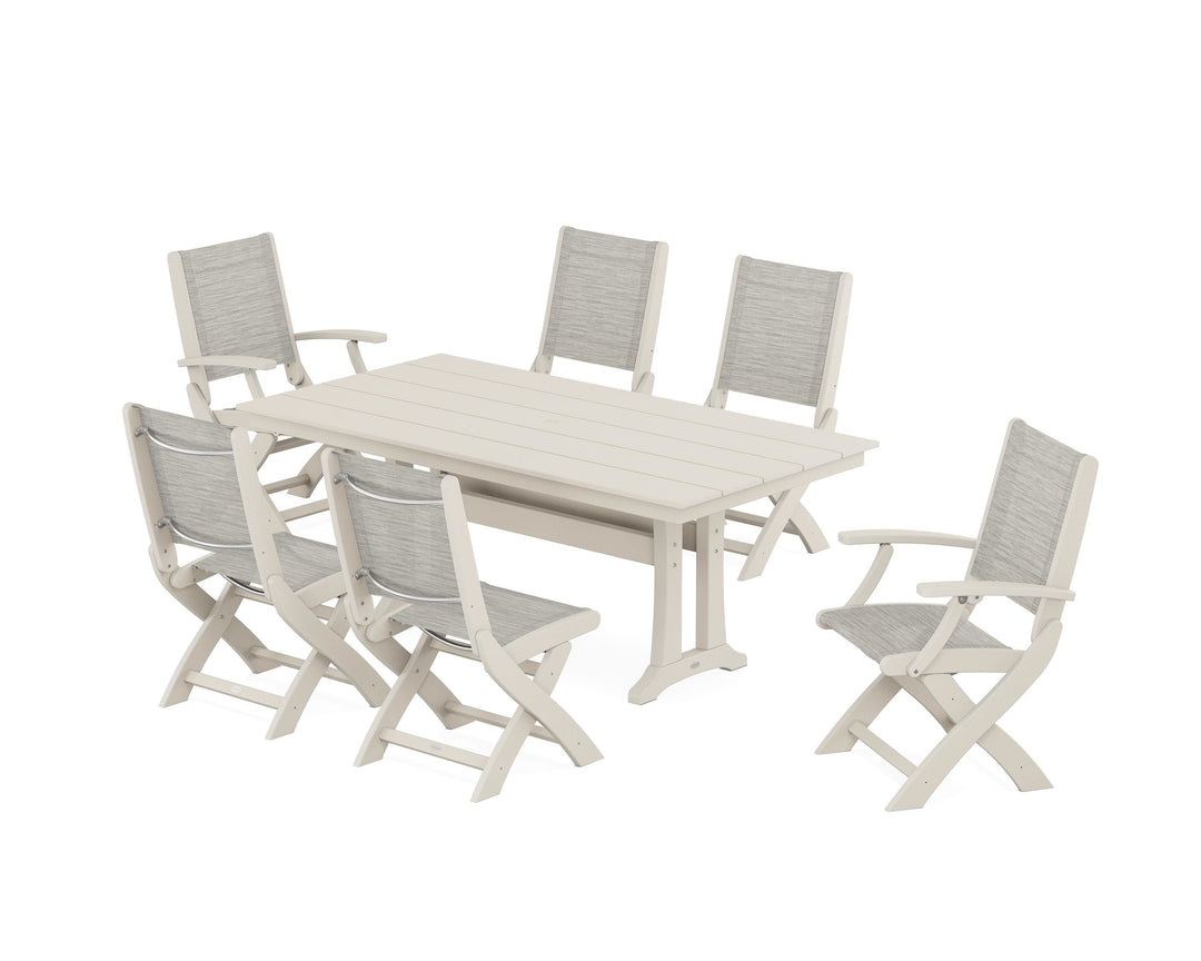 POLYWOOD® Coastal Folding Chair 7-Piece Farmhouse Dining Set with Trestle Legs