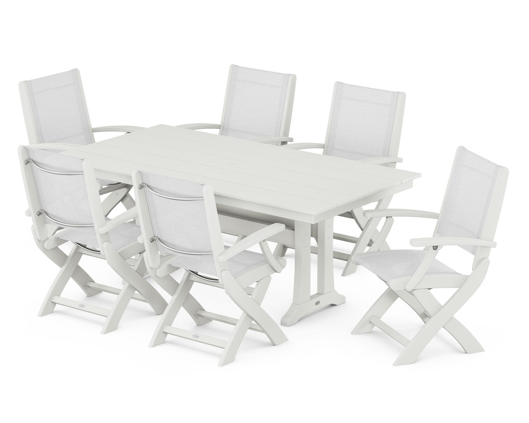 POLYWOOD® Coastal Folding Arm Chair 7-Piece Farmhouse Dining Set with Trestle Legs
