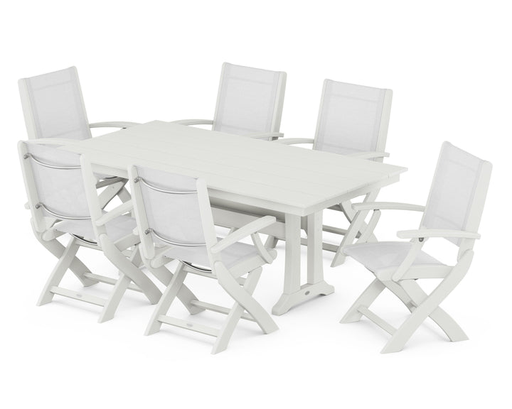 POLYWOOD® Coastal Folding Arm Chair 7-Piece Farmhouse Dining Set with Trestle Legs