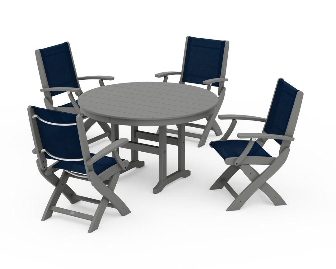 POLYWOOD® Coastal Folding Chair 5-Piece Round Dining Set