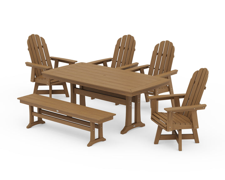 POLYWOOD® Vineyard Curveback Adirondack Swivel Chair 6-Piece Dining Set with Trestle Legs and Bench