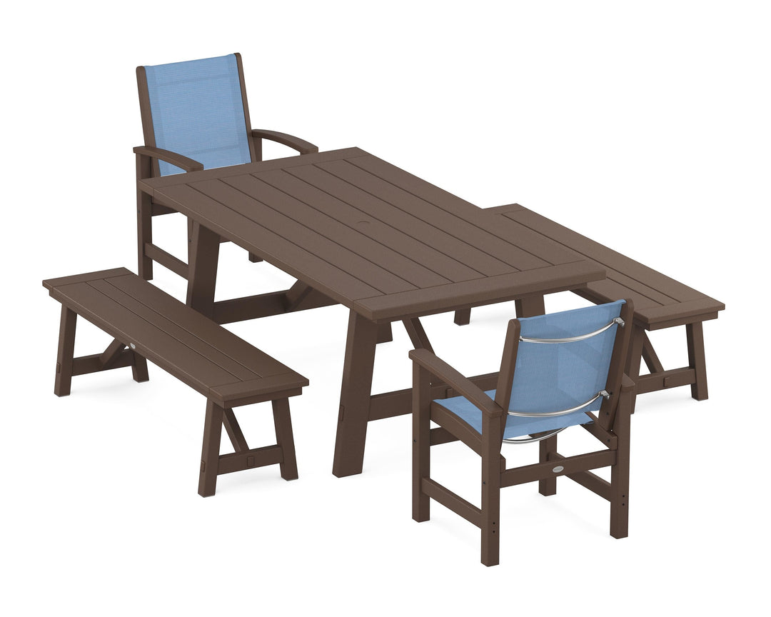 POLYWOOD® Coastal 5-Piece Rustic Farmhouse Dining Set With Benches