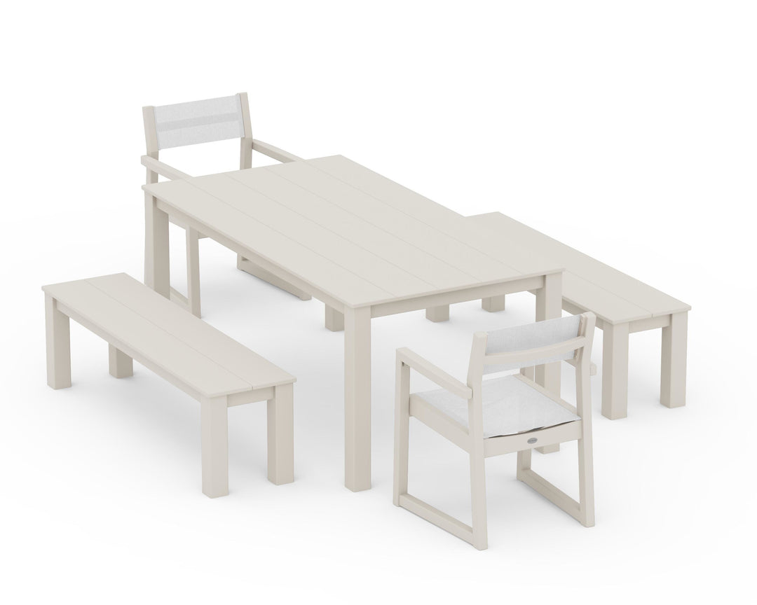 POLYWOOD® EDGE Sling Arm Chair 5-Piece Parsons Dining Set with Benches