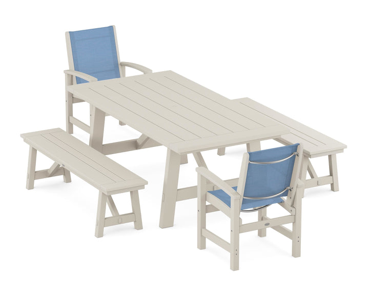 POLYWOOD® Coastal 5-Piece Rustic Farmhouse Dining Set With Benches