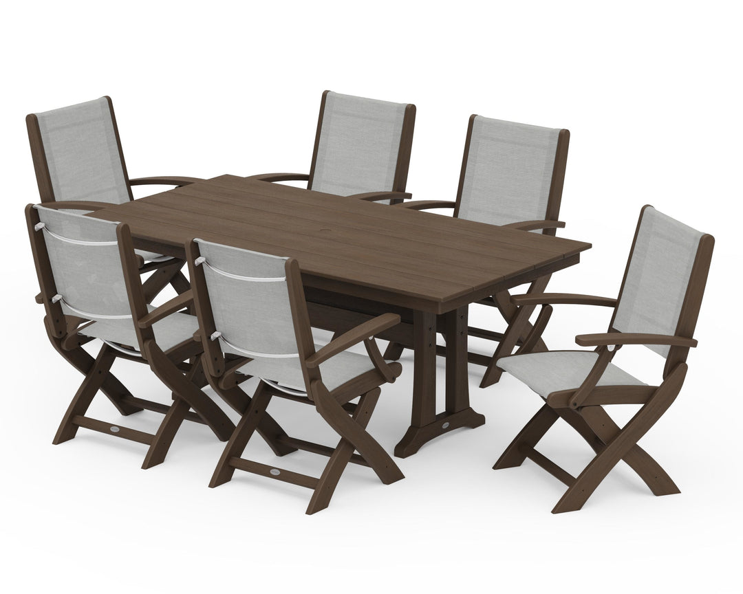 POLYWOOD® Coastal Folding Arm Chair 7-Piece Farmhouse Dining Set with Trestle Legs