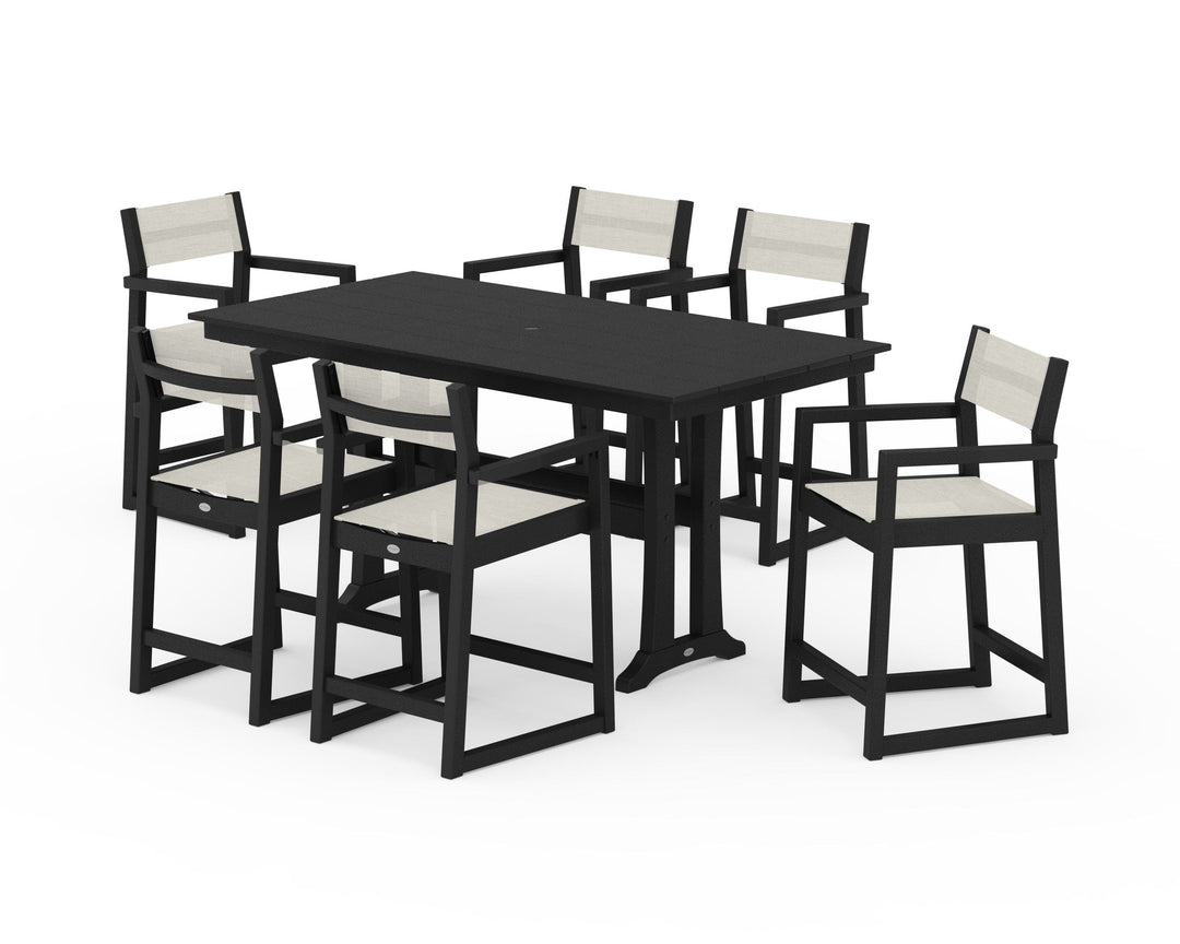 POLYWOOD® EDGE Sling Arm Chair 7-Piece Farmhouse Counter Set with Trestle Legs