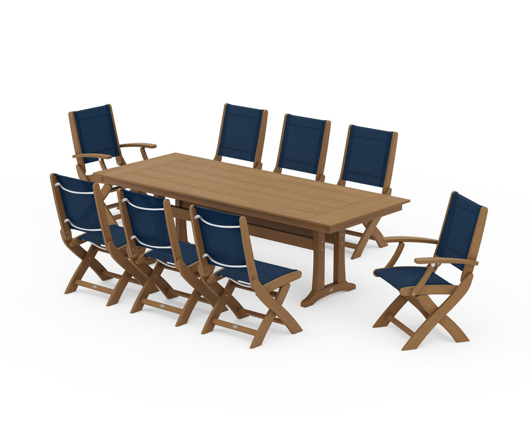 POLYWOOD® Coastal 9-Piece Folding Dining Chair Farmhouse Dining Set with Trestle Legs
