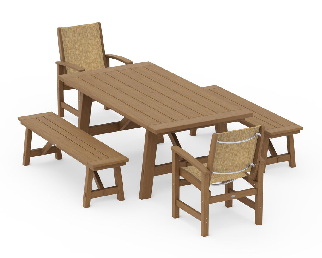POLYWOOD® Coastal 5-Piece Rustic Farmhouse Dining Set With Benches