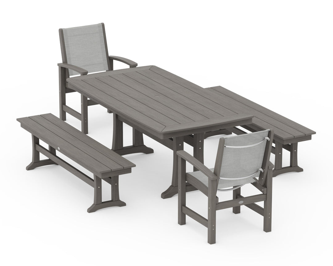 POLYWOOD® Coastal 5-Piece Dining Set with Trestle Legs and Benches